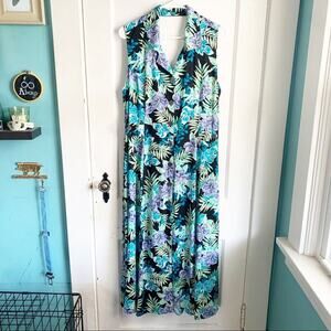 Vintage Floral Cut-Out Back Collared Button-Down Maxi Dress Hawaiian Print XL